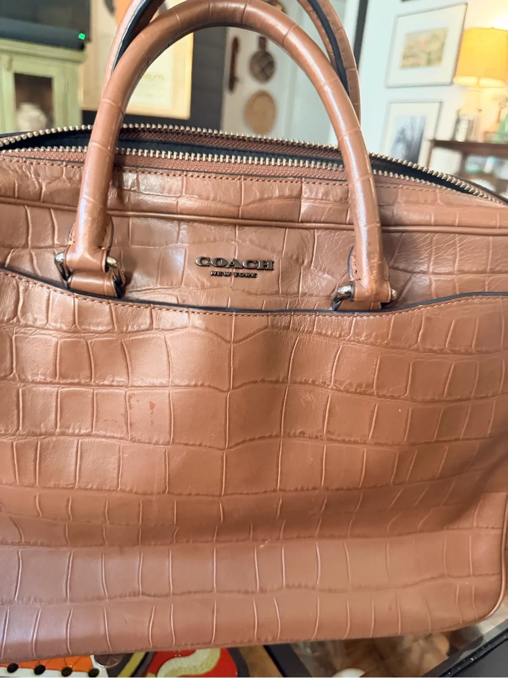Coach Men's Croc-Embossed Leather Briefcase in Tan Brown